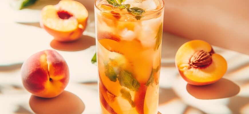 Summer,Cold,Peach,Fizz,Cocktail,Or,Iced,Tea,With,Mint.