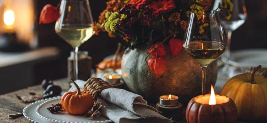 Fall,Table,Decoration,With,Pumpkins,,Wine.,Family,Cozy,Thanksgiving,Dinner