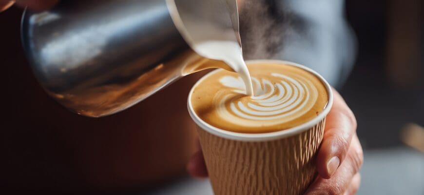 Close-up,Of,A,Barista,Pouring,Steamed,Milk,Into,A,Paper