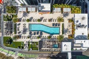 ariel view of the building and pool