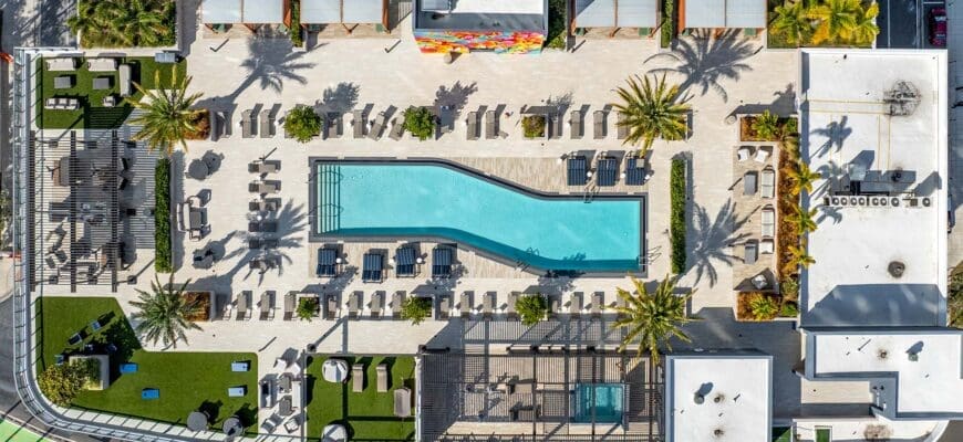 ariel view of the building and pool