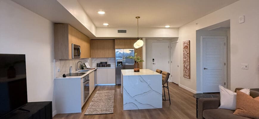An apartment interior at AER Tampa with wood-style flooring, a ceiling fan, and a kitchen with stainless steel appliances